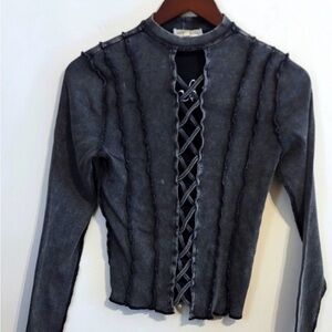 Gilded Intent Washed Black Exposed Hem Long Sleeve Cropped Top Size XL